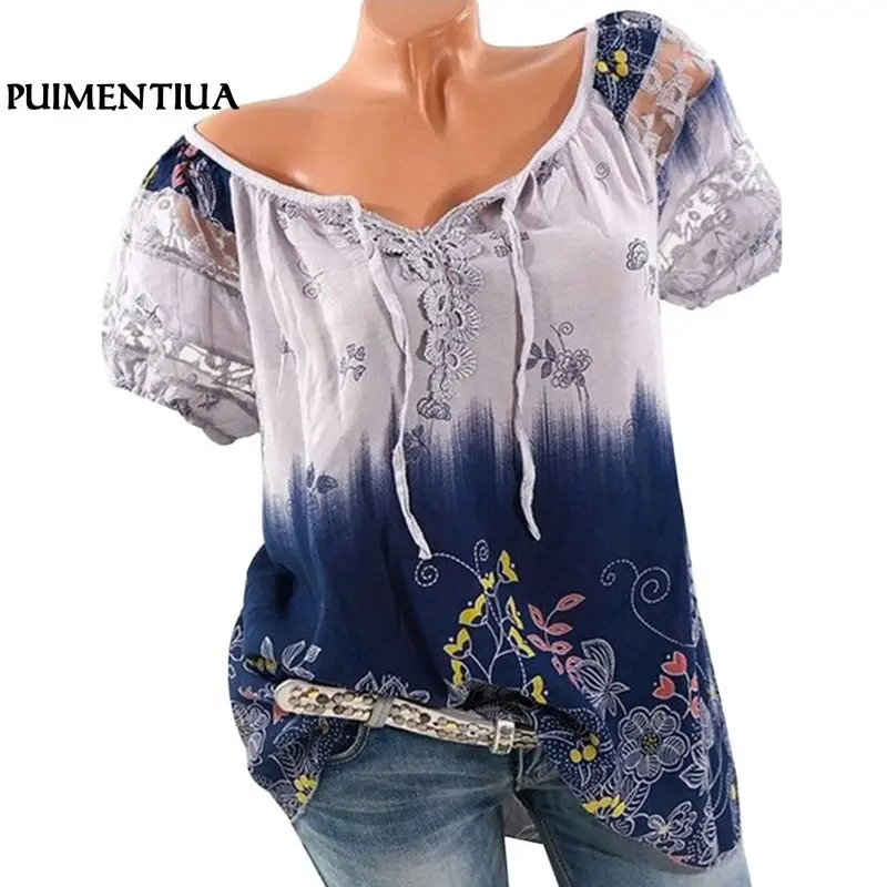 

Puimentiua 2018 Casual Short Sleeve Women Blouse Summer Vintage Print Lace Loose Shirts Female Bohemian Plus Size 5XL Blusas Top