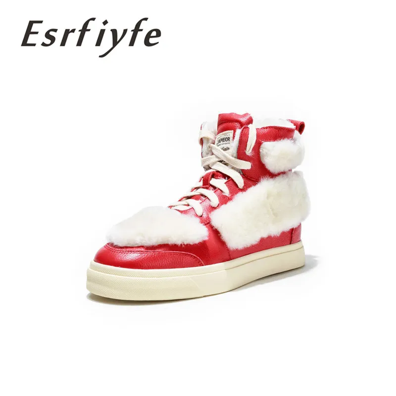 

ESRFIYFE 2019 New Genuine Leather Ankle Boots for Women Fashion Platform Flat Shoes Woman Winter Warm Wool Snow Boots Footwear