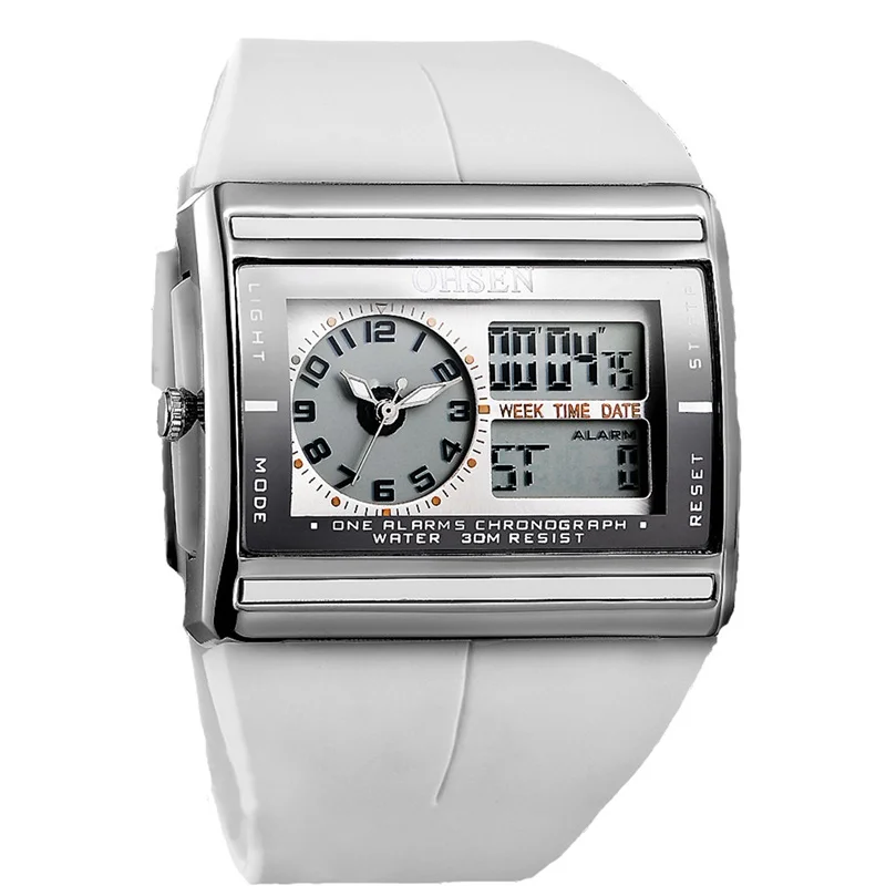 OHSEN модные квадратные электронные светодиодный часы Топ бренд двойной цифровой и аналоговый для мужчин Будильник Спортивные кварцевые наручные часы подарок AD0518 - Цвет: white