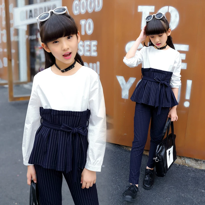 

2019 Children Clothing Spring Autumn Patchwork Dress + Dress Girls Clothing Sets Striped Teen Clothes For Girls 8 10 12 14 Years