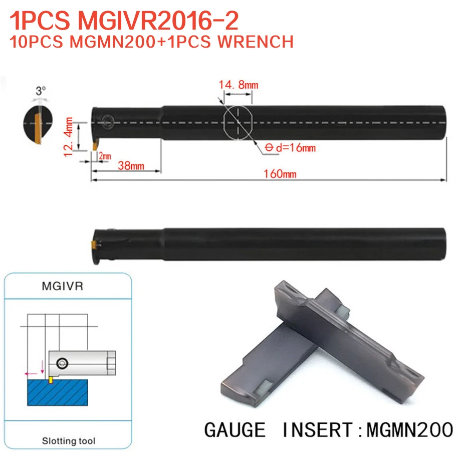 

10pcs MGMN200 Grooving Carbide Insert + 1pcs MGIVR2016-2 Boring Bar Tool Holder machine+ 1pcs Wrench For Lathe Turning Tool