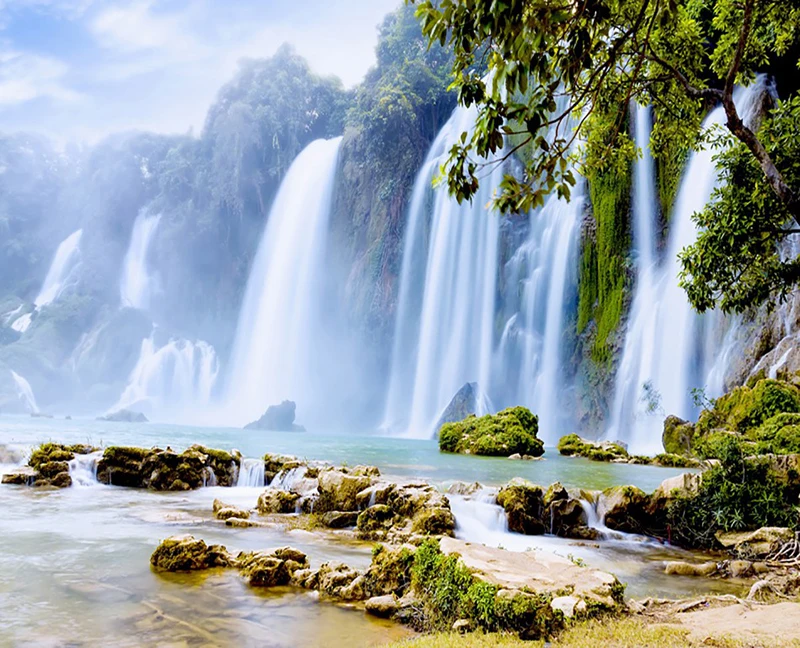 Натуральная водостойкая занавеска для душа с изображением водопада