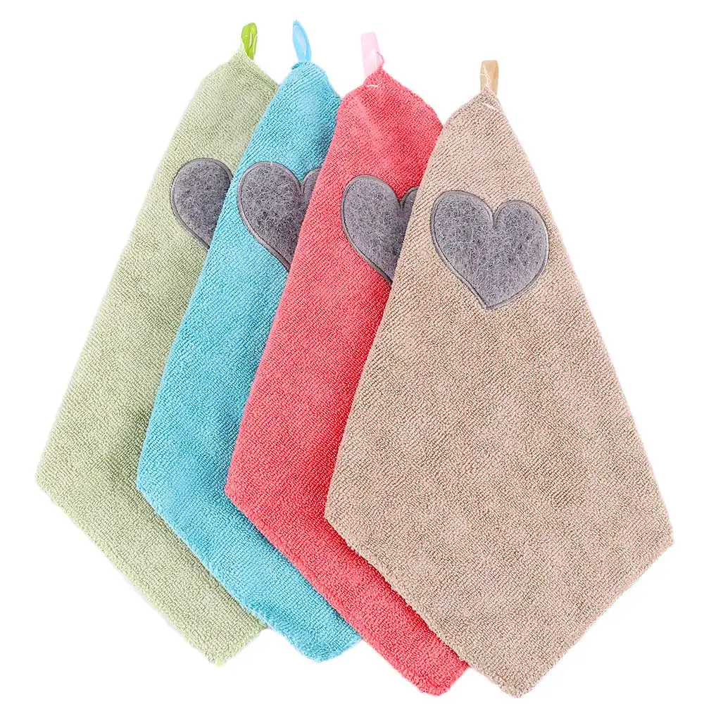 1Pcs Soft Hand Towel Cute Love Heart Pattern Hanging Dishcloth Kitchen