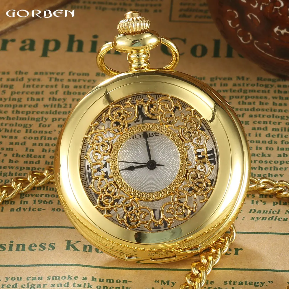 

GORBEN Vintage Luxury Golden Hollow Pocket Watch Men Roman Number Dial Quartz Watch Women Pendant Box Waist Chain Round Relogio