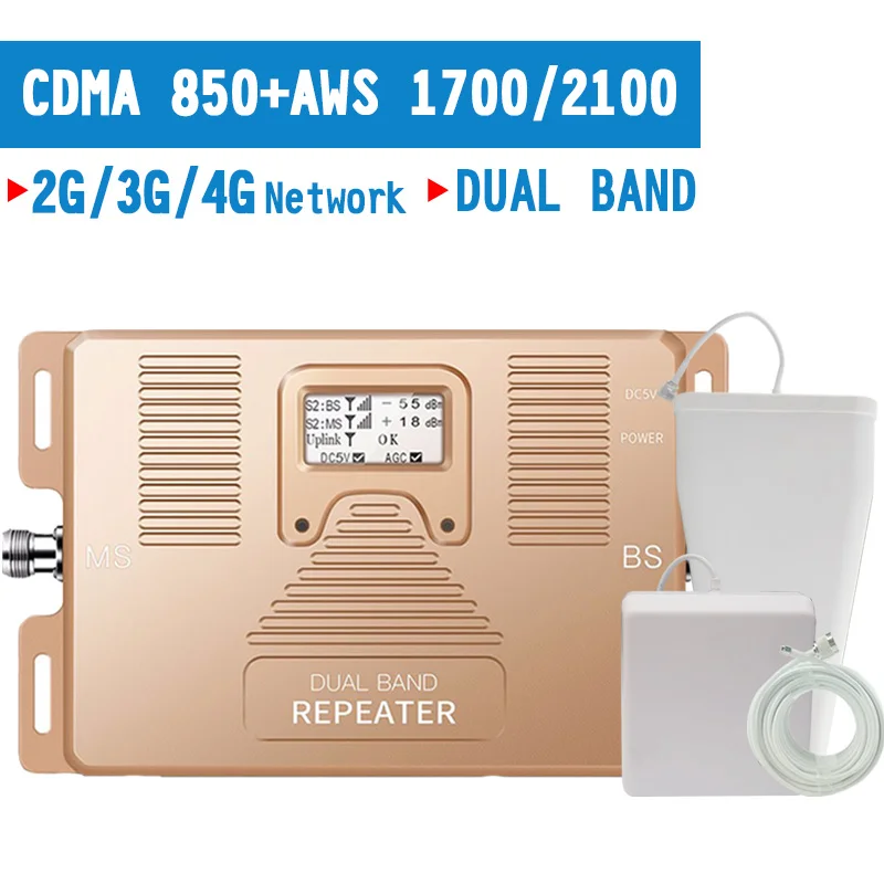 

2G 3G 4G Mobile Phone Signal Booster CDMA 850mhz AWS 1700 2100 Cellphone Signal Repeater 4G LTE Amplifier 70dB Gain LCD Display