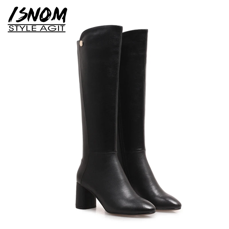 Kopen ISNOM Knie Hoge Rijden Vrouwen Laarzen Zip Vierkante Teen Schoeisel Echt Leer Vrouwelijke Laarzen Hoge Hakken Schoenen Vrouw Winter 2018 zwart
