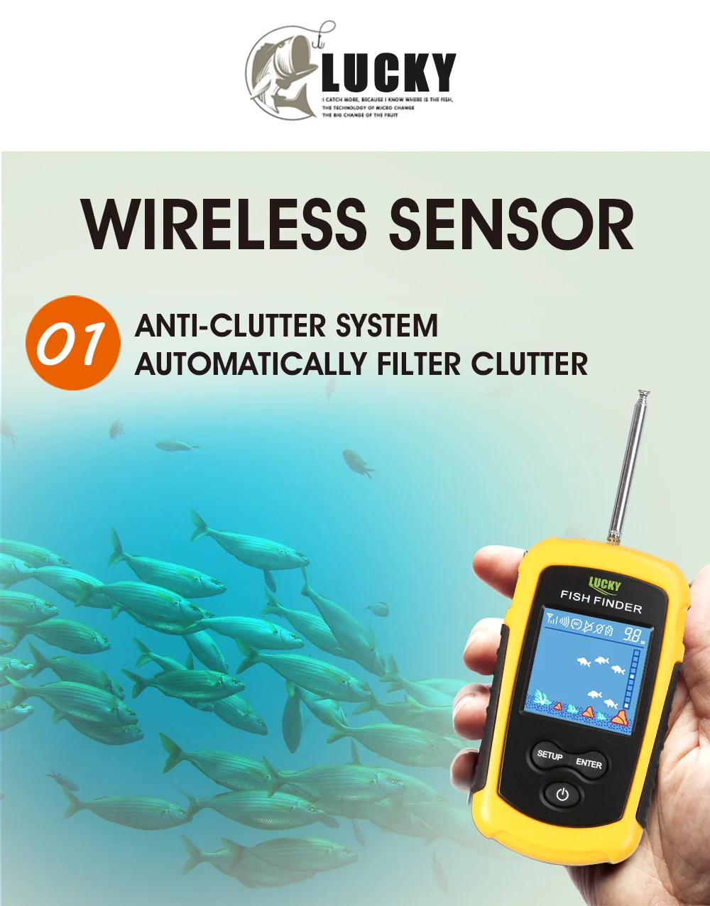 Inventor dos Peixes Localizador de Pesca Ffcw1108-1 sem Fio m sem Fio Sorte Sonar Alarme m 130ft Deeper Fishfinder Inglês Russo 120 40 7 Sorte inventor de peixes sonar FFCW1108-1 sem