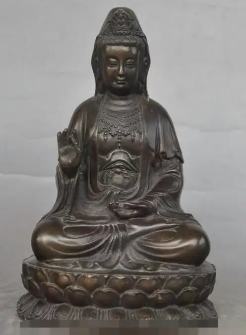 

S00808 7"Chinese Buddhism bronze Seat Lotus GuanYin Kwan-Yin Goddess Hold Vase Statue (B0413)
