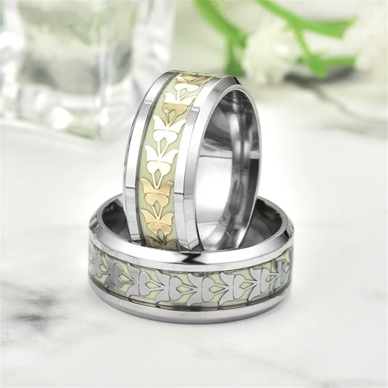 Modyle Green Glow in the Dark Stainless Steel Butterfly Wedding Band Luminous Ring for Woman Man