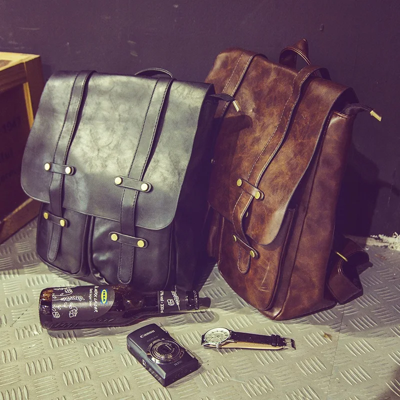 

Japanese retro backpack backpack and personality and Korean men bag PU Bag Backpack tide