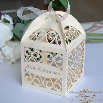 

Filigree personalized ivory pearl laser cut wedding favor candy boxes with free ribbon