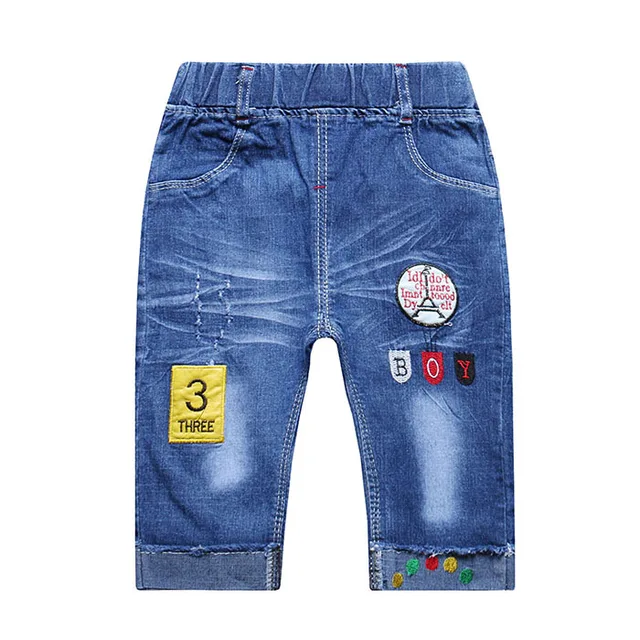 Sale Summer Baby Boys Jeans Pants Kids Light Blue Denim Knee Length Pants For Boy Elastic Waist