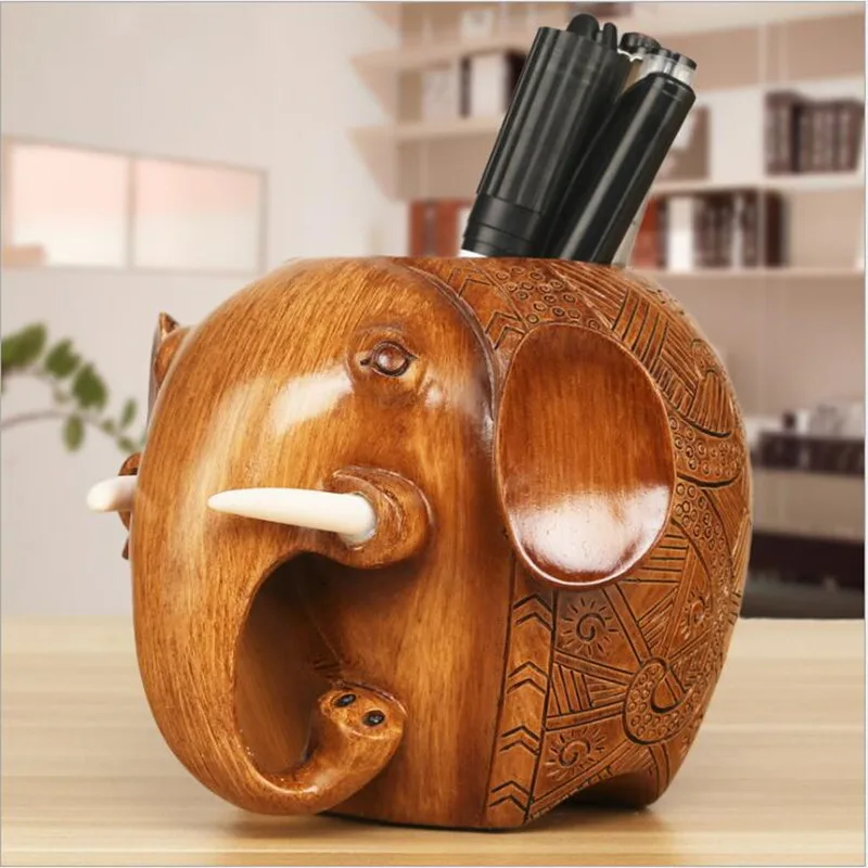 

1PC Modern Style Resin Elephant Statues Pen Holder Resin Brush Pot Home Decor Figures Animal Pen Container Ornament