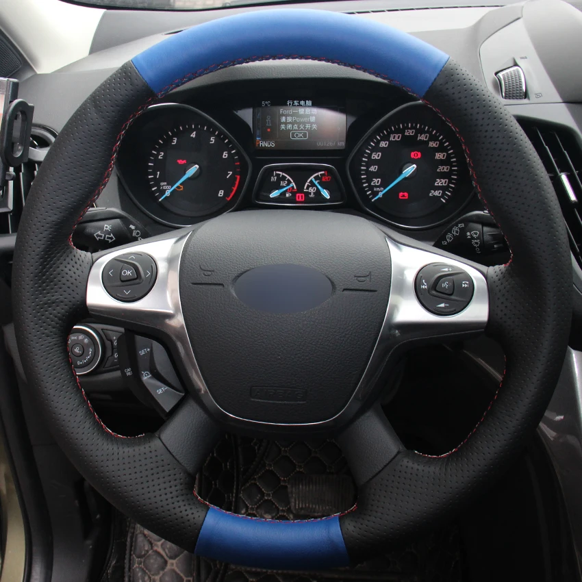 

Blue Natural Leather Black Natural Leather Car Steering Wheel Cover for Ford Focus 3 2012-2014 KUGA Escape 2013-2016
