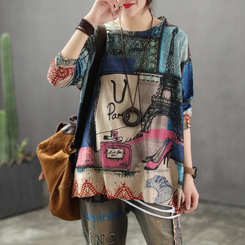 Summer Autumn Sweater Women Retro Loose Print Pattern Pullovers Tops New Ladies O-Neck Casual Streetwear Blended | Женская одежда