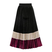 Новинка весны, бархатные плиссированные юбки для женщин, сочетающиеся цвета, юбки средней длины в стиле пэчворк, свободная повседневная женская одежда, верхняя одежда