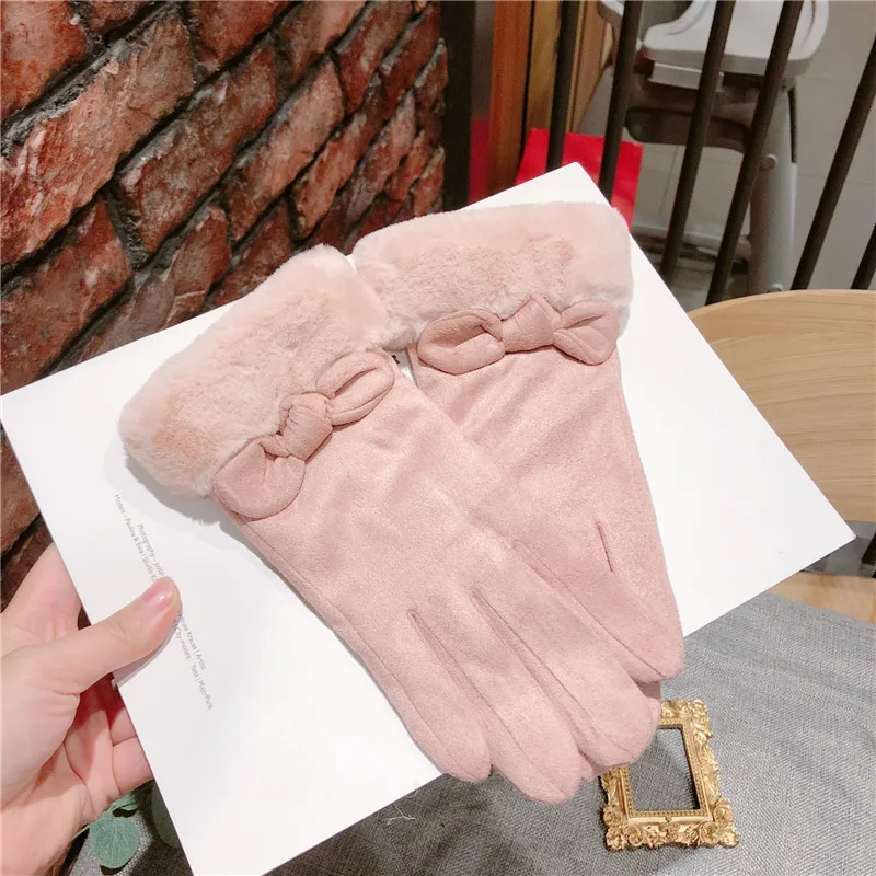 

Women Thick Bowknot Gloves Suede Material Winter Mittens