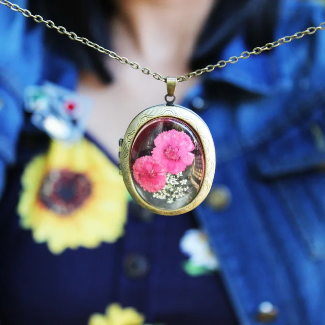 SEDmart настоящий сушеный анютины глазки медальон с цветком кулон ожерелья Винтаж античная бронза покрытием длинная цепочка Стекло ожерелья для женщин подарок
