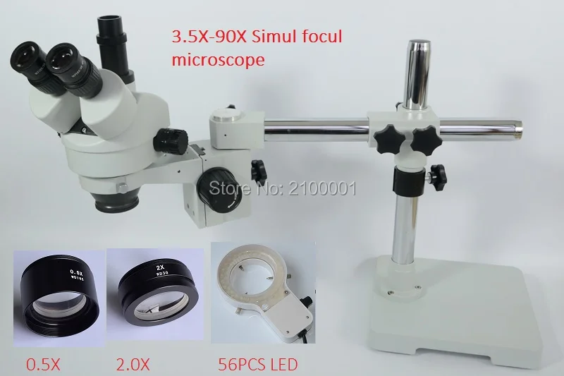 FREE SHIPPING 3 5X 90X SIMUL FOCUSR SINGLE BOOM STAND ZOOM TRINOCULAR STEREO MICROSCOPE 56LED