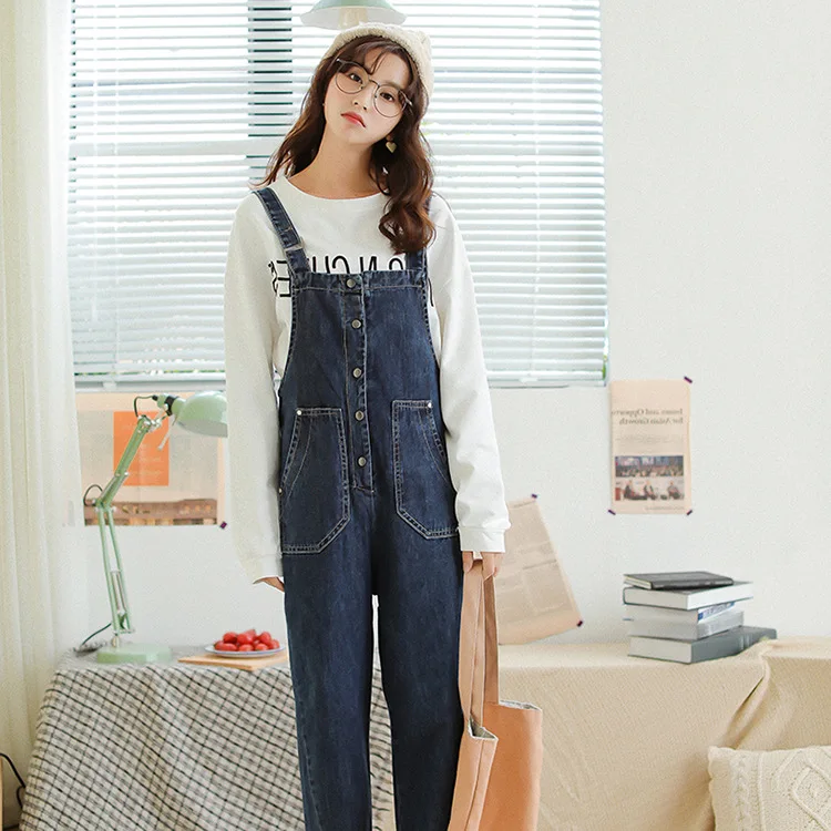 Autumn Winter Jumpsuits Women 2017 Loose Denim Blended Overalls Female New Mori girl pocket