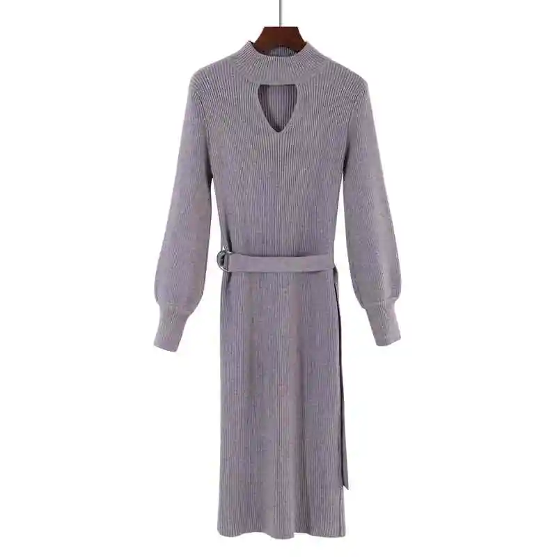 Длинный женский пуловер и свитера Осень Зима Тонкий Топ с лямкой через шею эластичность пряжка украшение женский свитер Pull Femme джемпер - Цвет: Grey
