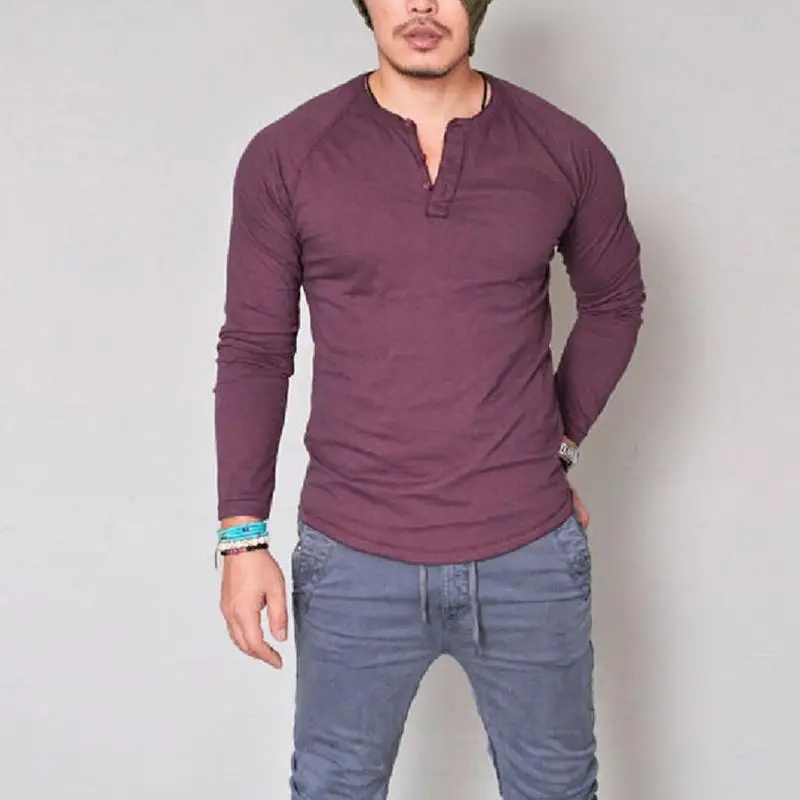 Fashion Men Slim Fit V Neck Long Sleeve Muscle Tee T shirt