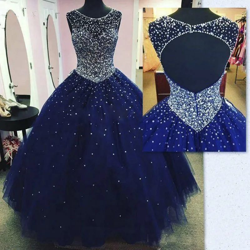 

Dark Blue Quinceanera Dresses Ball Gown Prom Dresses Party Wear Full Beaded Crystals Top Pageant Gowns 2019