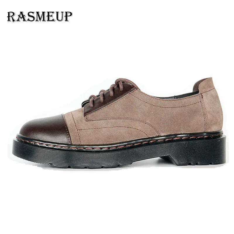 

RASMEUP Genuine Suede Leather Women's Flat Shoes 2018 Retro Lace Up Women Oxfords Casual Vintage Woman Platform Flats Footwear