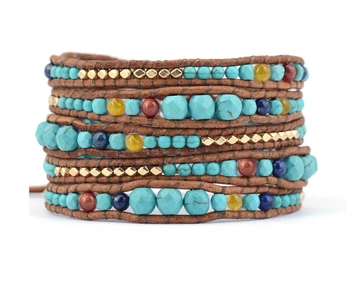 Women Graduated Stones Gold Color beads Wrap Leather Bracelets Boho Beads Bracelet Wholesale Leather Jewelry Dropshipping