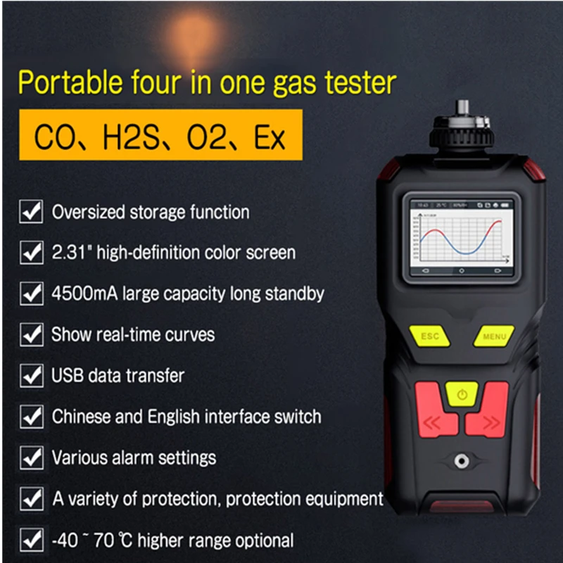 4 in 1 Gas Detector Oxygen O2 H2S CO EX Carbon Monoxide Combustible Analyzer Large Screen