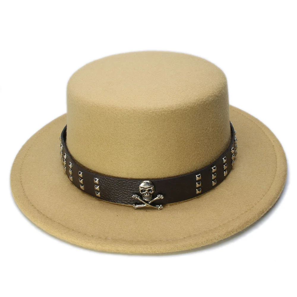 LUCKYLIANJI Women Men Vintage 100% Wool Wide Brim Top Cap Pork Pie Pork-pie Bowler Hat Skull Bead Leather Band (57cm/Adjust) straw fedora hat Fedoras