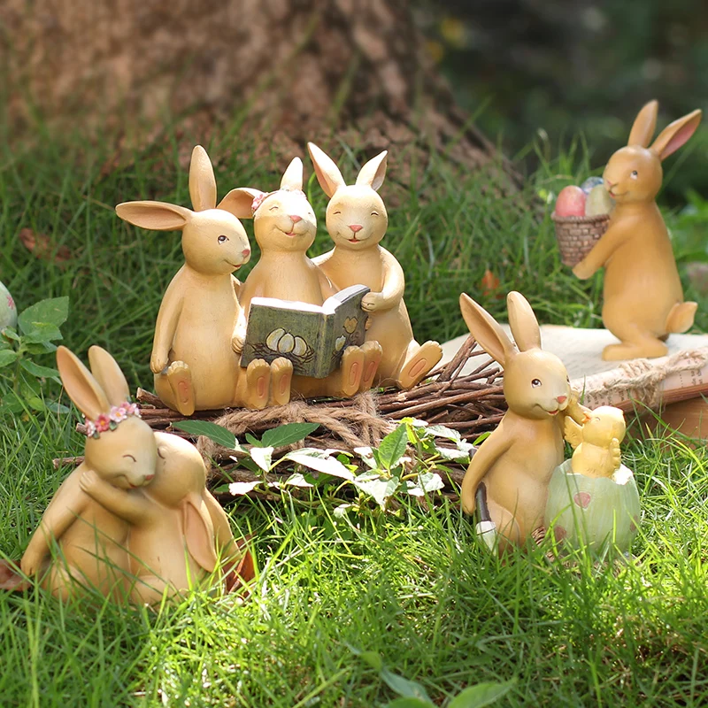 

Three Rabbits Sitting Together Reading A Book Sculpture Resin Ornaments Animal Statue Home Office Desktop Decor Figurine Crafts