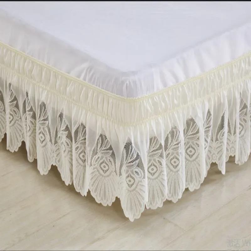 

Free shipping princess beige lace ruffles no bed surface elastic band bed skirt bed apron 37cm height twin full queen king size