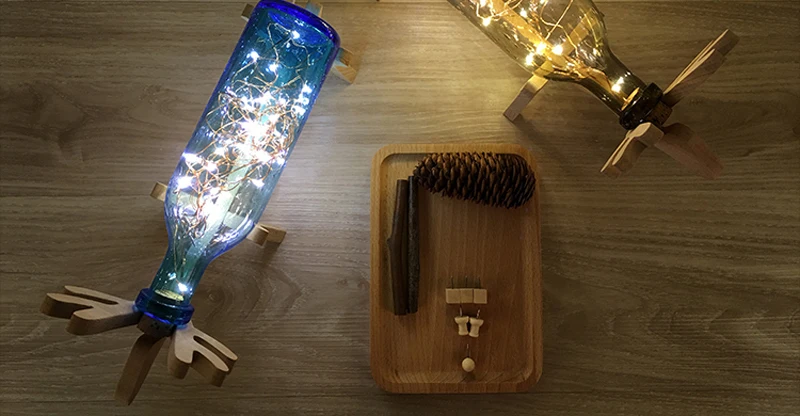 Nordic Creative Wood Deer Lamp LED Strip Lights Handmade Blue Glass Bottle Night Lights Art Deco USB Lighting Chirstmas Birthday Gift (1)