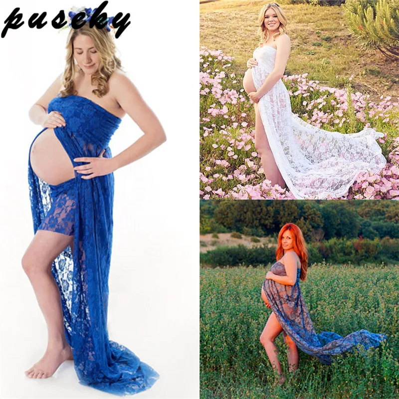 

Puseky 2018 Maternity Dress for Photo Shoot Maxi Maternity Gown Opening In The Middle Lace Fancy Sexy Women Maternity Photograp