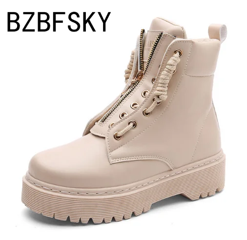 Stiefeletten Flache Winter Bzbfsky Schuhe Leder Herbst Pu rosa Motorrad Plattform Beige Frau Martens Frauen Booties Stiefel schwarzes Zip YxqF0x
