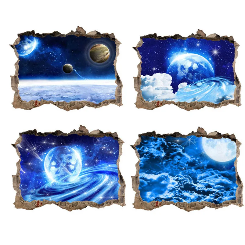 Broken Wall Starry Stickers Muraux 3D Planets Stars Sky Removable Wall Mural Decals Home Decor Adesivo De Parede 30MR724