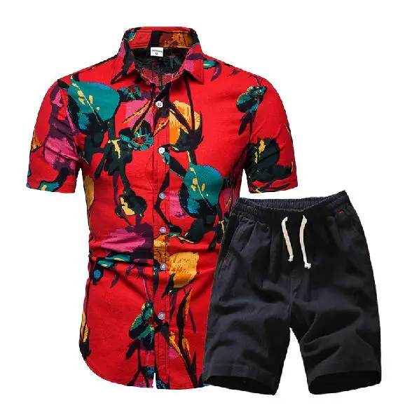 

Men Hawaii Holiday Summer Floral Blouse Shirt Top Suit Sets Black Pants 2PC 7Colors