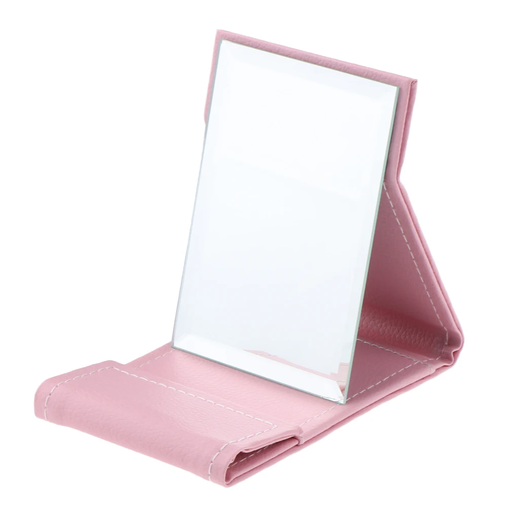 Portable Folding Vanity Makeup Mirror, Slim PU Leather Foldable Compact Makeup Tabletop Travel Cosmetic Mirror with Standing