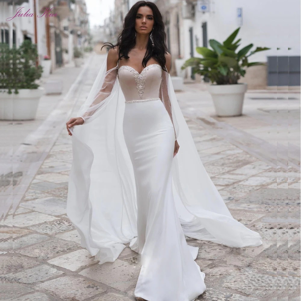 

Julia Kui Illusion Scoop And Back Mermaid Wedding Dress Chic Chiffon Beading Pearls Lace Bridal Gown With Removable cloak