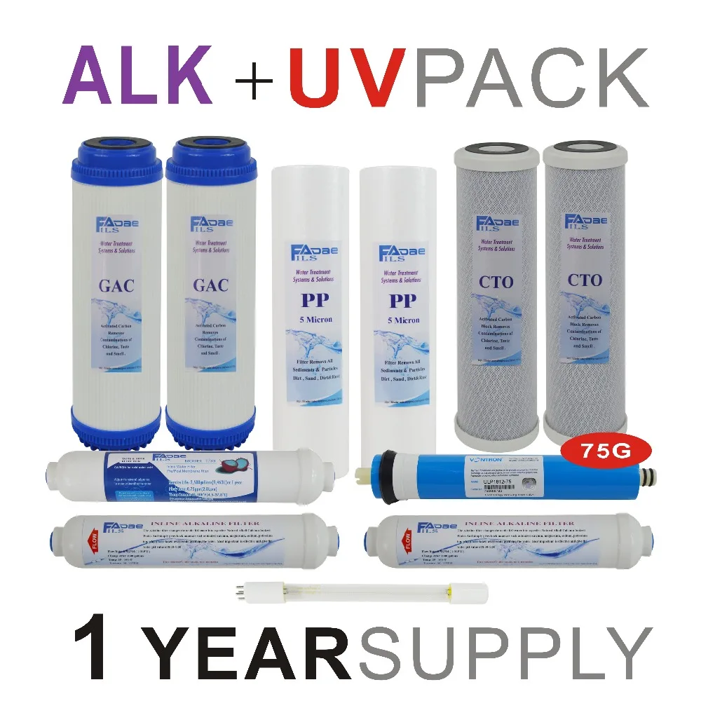 

1 Year Supply Alkaline Ultraviolet Reverse Osmosis System Replacement Filter Set -11 Filters with UV Bulb and 75 GPD RO Membrane