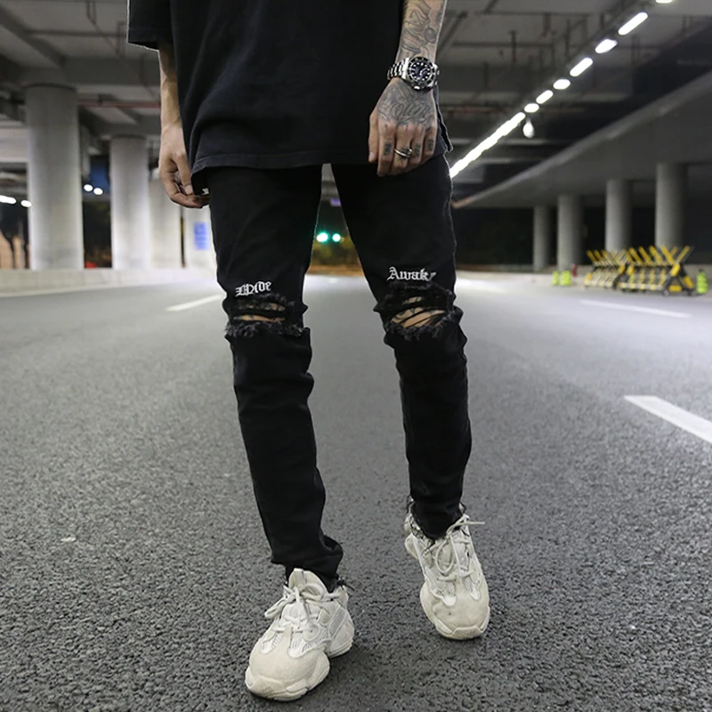 Goedkoop Borduurwerk Knie Gescheurde Gat Jeans Voor Mannen Hip Hop Skinny Biker Vernietigd Afgeplakt Jeans Slim Fit Black Denim Broek 2018 nieuwe Jogger