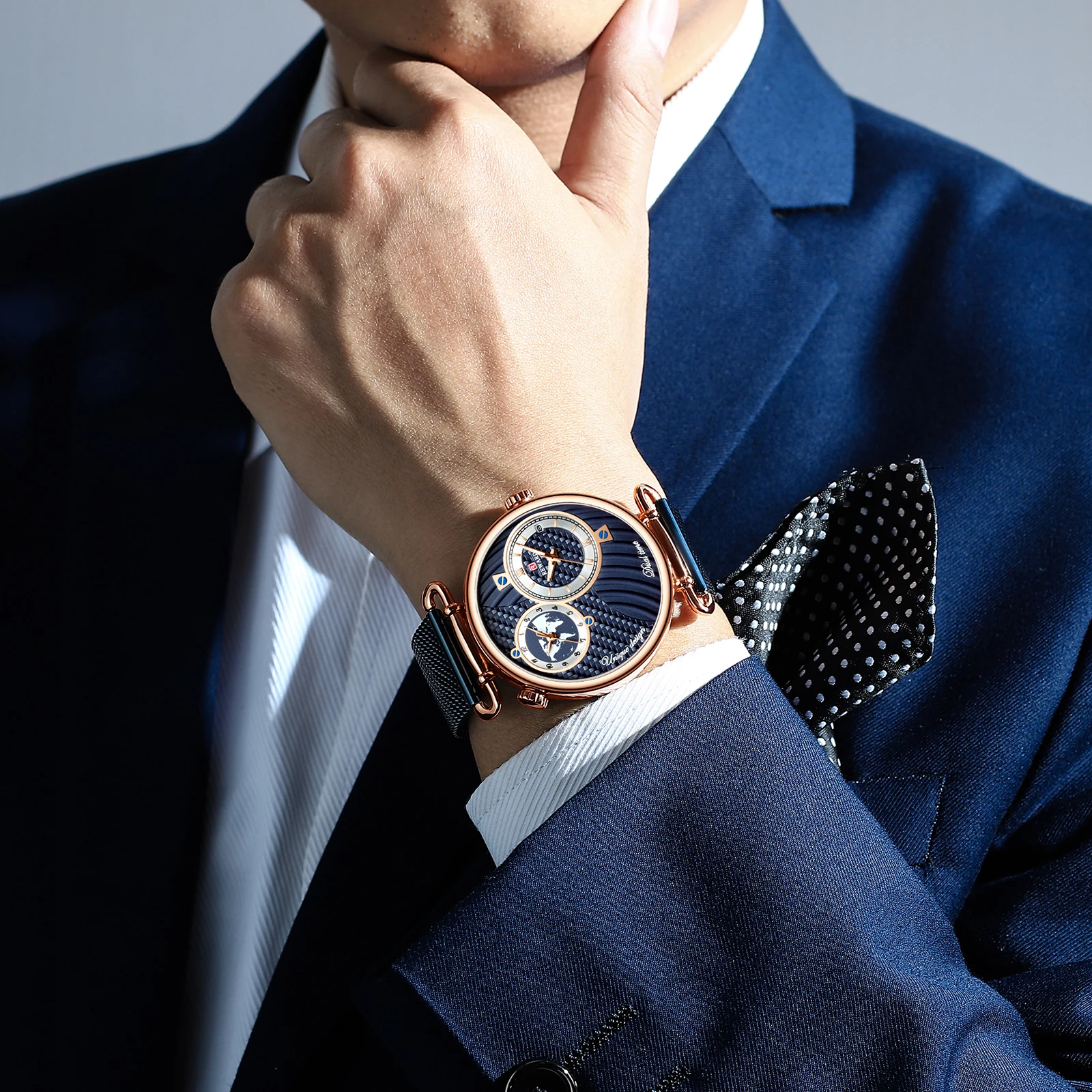 Наградные синие часы мужские унисекс кварцевые аналоговые часы с двойным календарем Мужские часы с сетчатым ремешком ультра тонкие деловые наручные часы