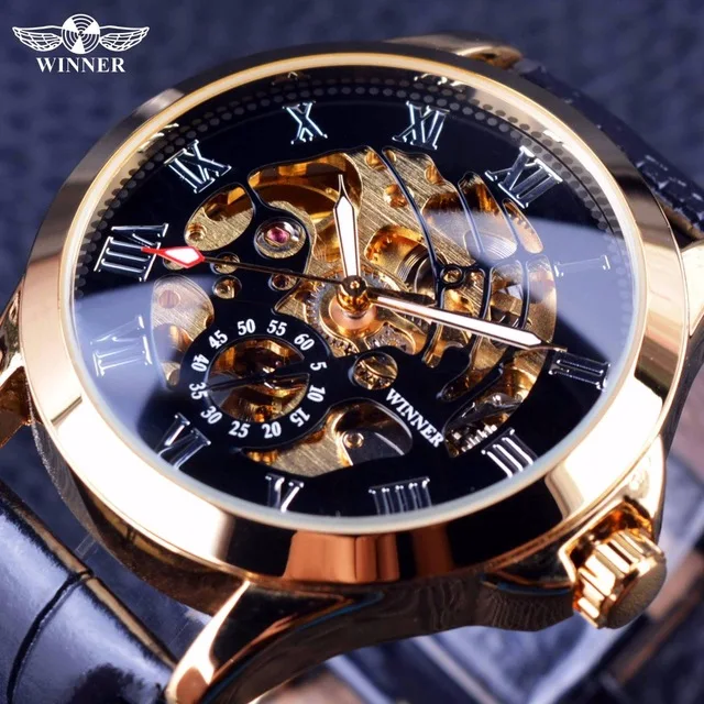 

Winner 2019 Male Wrist Watch Luxury Skeleton Mens Watches Top Brand Luxury Automatic Watch Small Dial Golden Case Fashion Casual