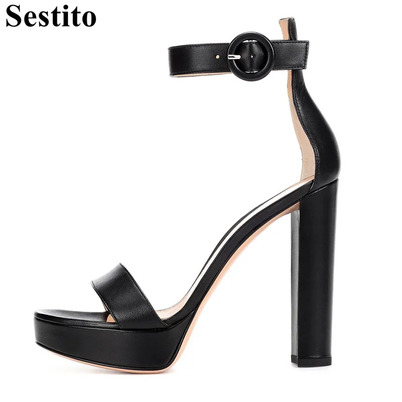 

Black Concise Buckle Casual Shoes Summer Peep Toe Hoof Heels Platform Women Sandals Buckle Strap High Heels Flock Women Shoes