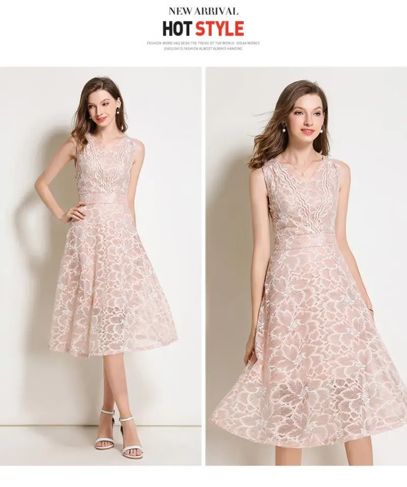 2018 Summer Lace Dress Work Casual Slim Work Women Party Dresses V-neck Sexy Hollow Out A-line Vintage Vestidos