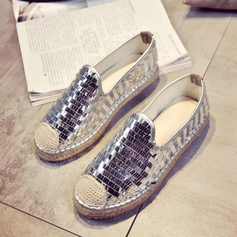 Casual Paille Simple Rétro Femmes Chaussures Chanvre Noir Pêcheur Nouveau argent Plates Sequin 2018 Printemps w41qYzZvxq