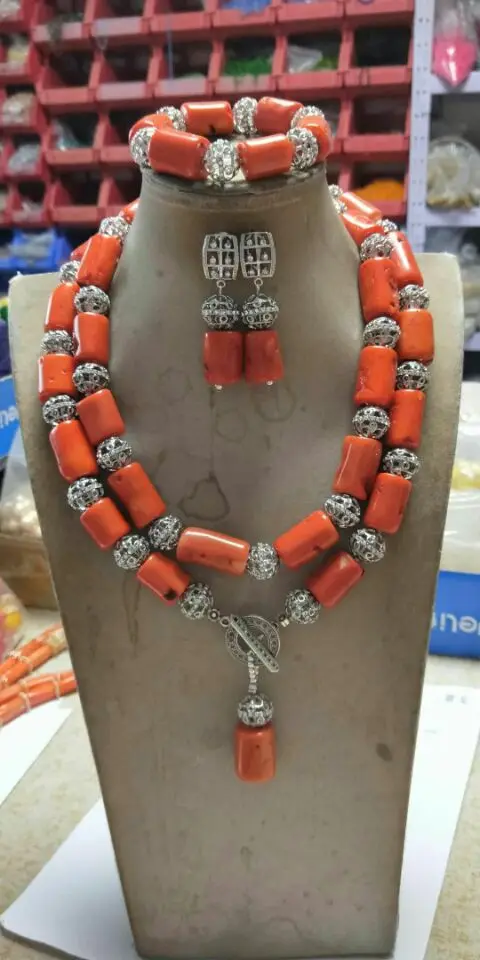 Очаровательная колонна ожерелье из красного коралла набор африканские бусины Коралловые украшения набор серебряные ювелирные изделия из сплава вечерние бусины CNR042