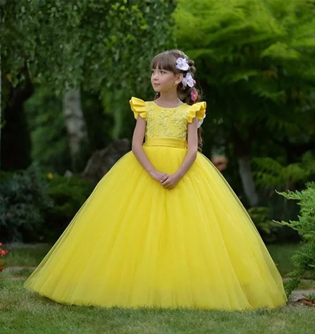 New Yellow Flower Girl Dress Puffy Tulle Long Party Gowns For Children