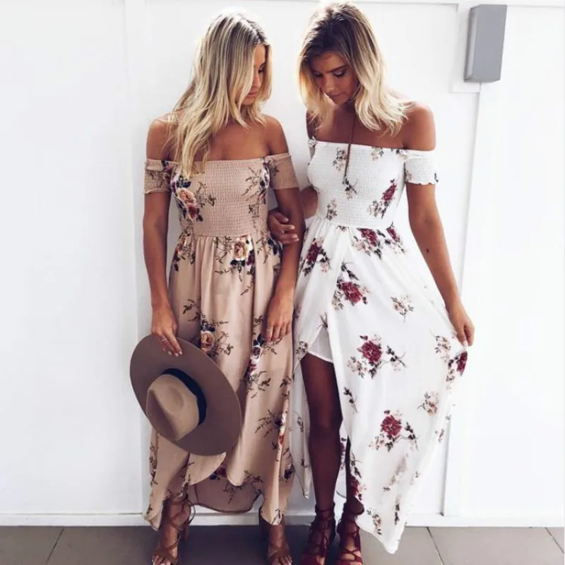 

Boho style long dress women Off shoulder beach summer dresses Floral print Vintage chiffon white maxi dress vestidos de festa